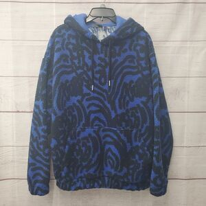 ASOS DESIGN Oversized Blue Borg Hoodie Size M Black Design Print Men's